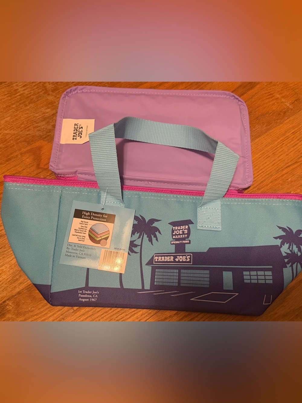 Trader Joe’s purple and blue mini insulated tote bag